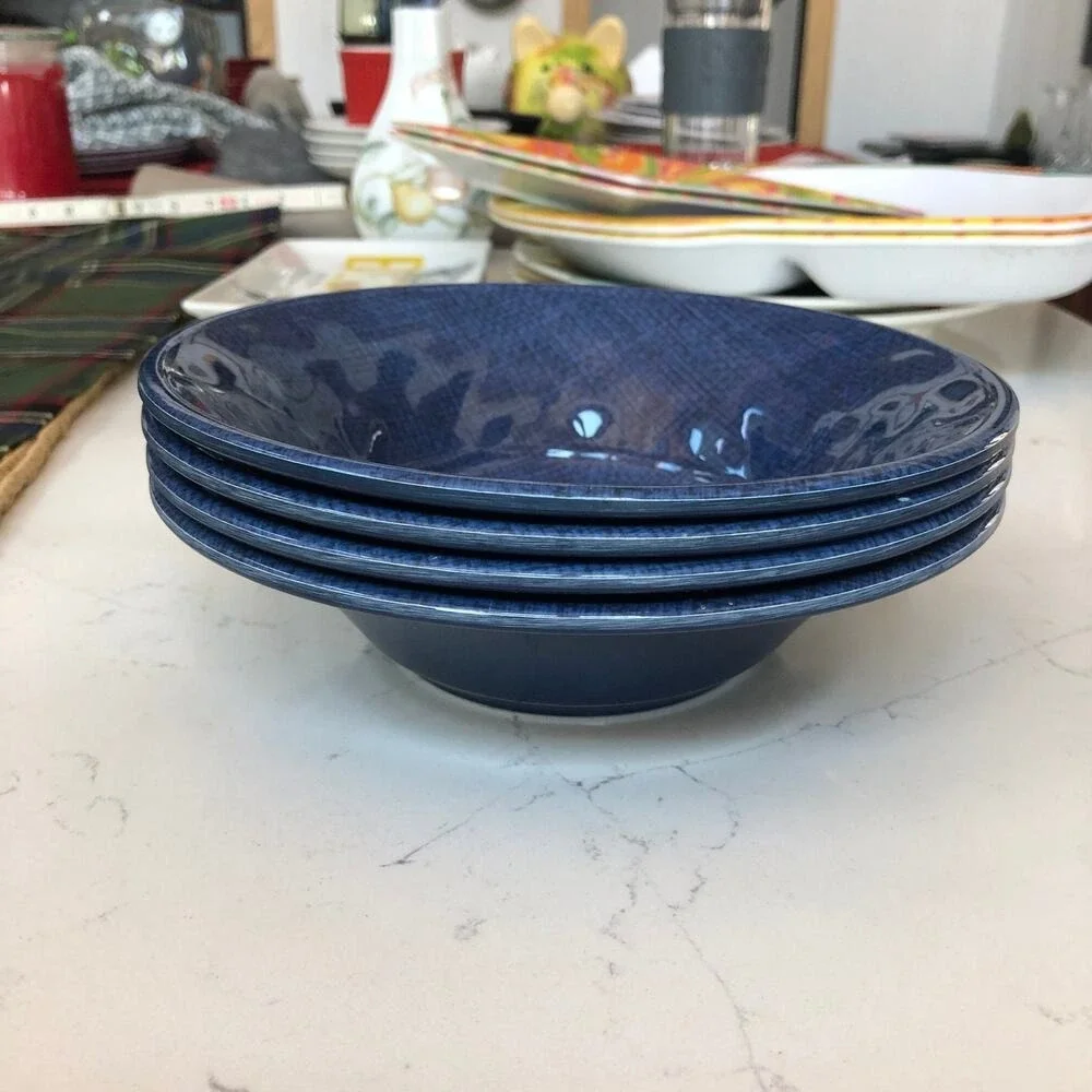 Set of 4 Dark Blue Textile-Look High Gloss Heavy‎ Melamine Cereal Bowls